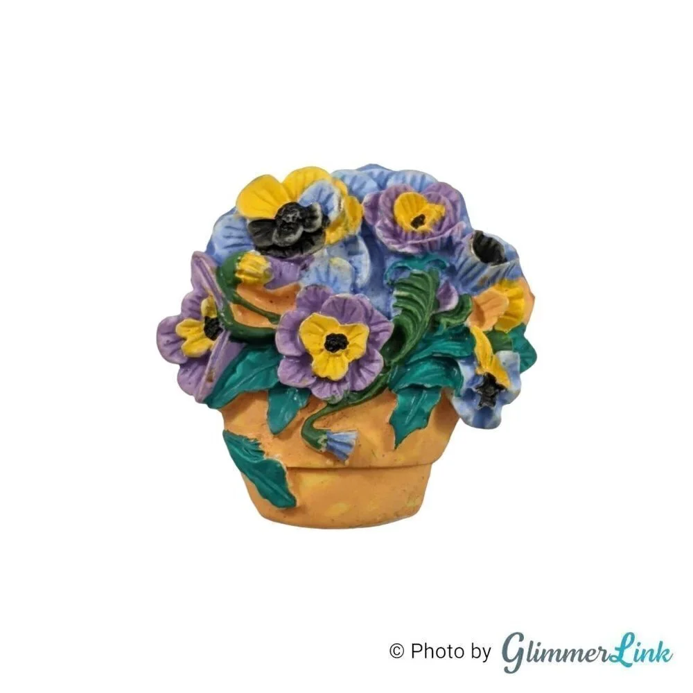 Vintage Floral Terracotta Ceramic Flower Basket Pot Brooch Pin